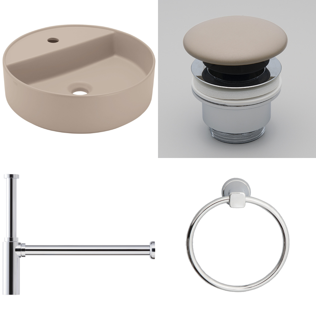 SHUI COMFORT ROUND 置き型洗面器450mm 1穴タイプ+プッシュ式排水目皿+ボトルトラップ