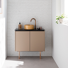 ASSEMBLAGE MINI キャビネット750mm (水栓アウトセット取付穴径25mm) 天板:シリウス 扉:スモーキーベージュ 脚:ブロンズ H200mm