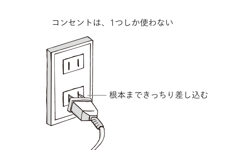 コンセントは、１つしか使わない 根元まできっちり差し込む