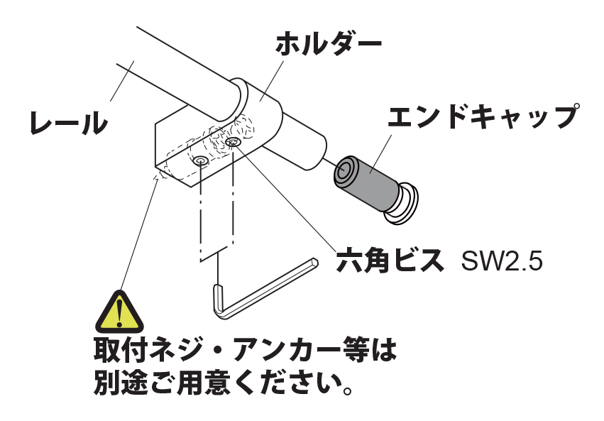 レール/ホルダー/エンドキャップ/六角ビス sw2.5 取付ネジ・アンカー等は別途ご用意ください。