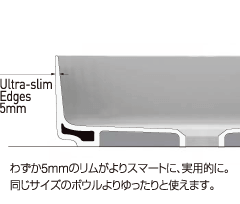わずか5mmのリムがよりスマートに、実用的に。同じサイズのボウルよりゆったりと使えます。